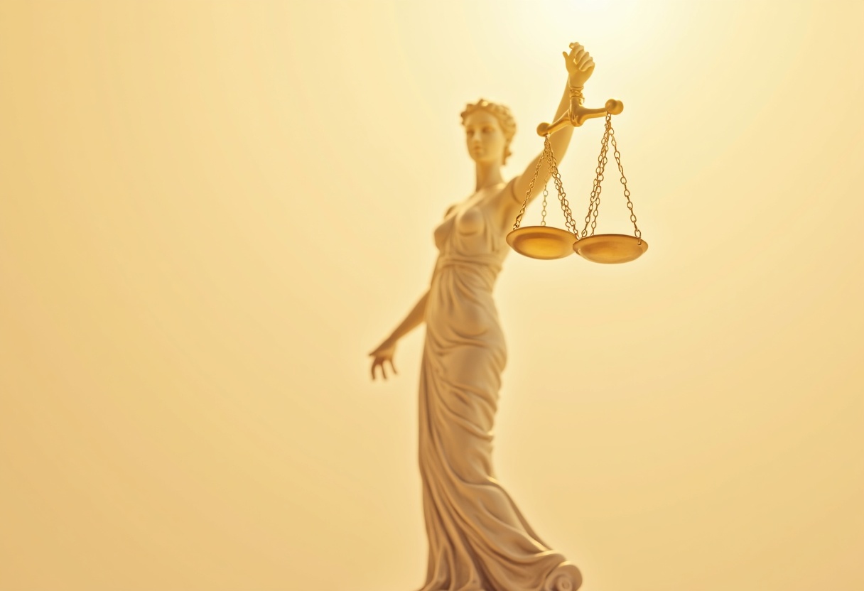 A bronze figure of Lady Justice holding balanced scales