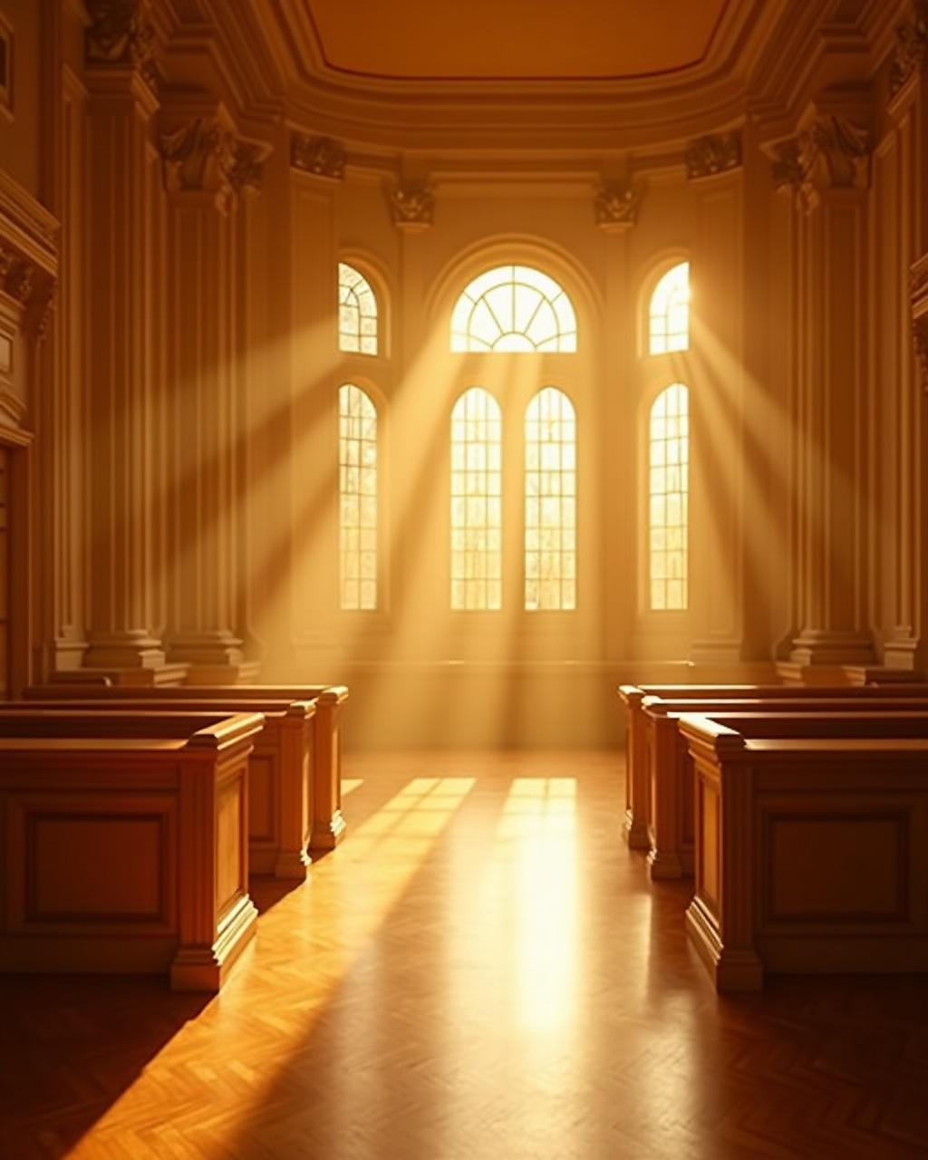 An empty grand courtroom lit by a shaft of light through an arched window