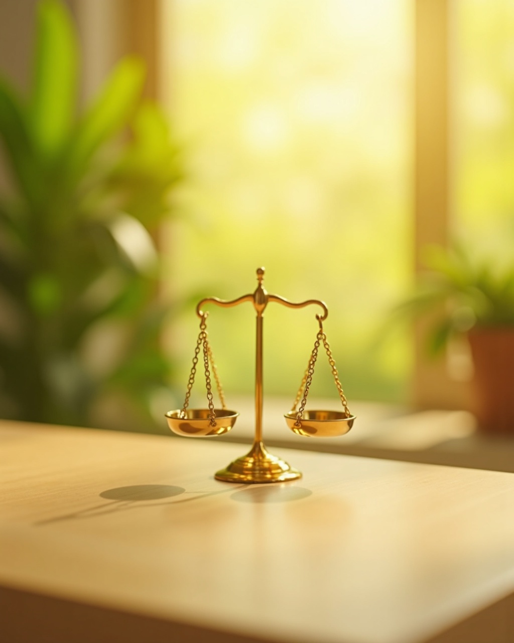 Brass scales of justice on a dark mahogany desk beside law books