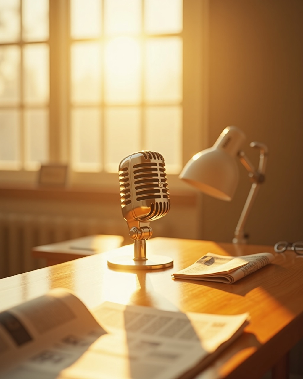 A vintage broadcast microphone on a desk in a wood-panelled study